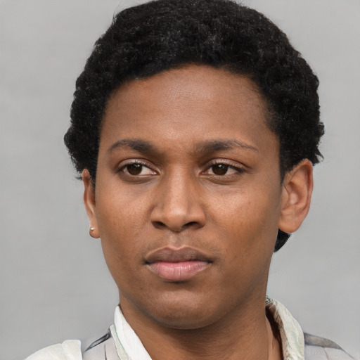 Neutral black young-adult male with short  black hair and brown eyes