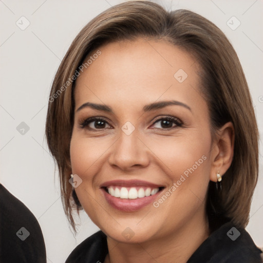 Joyful white young-adult female with long  brown hair and brown eyes