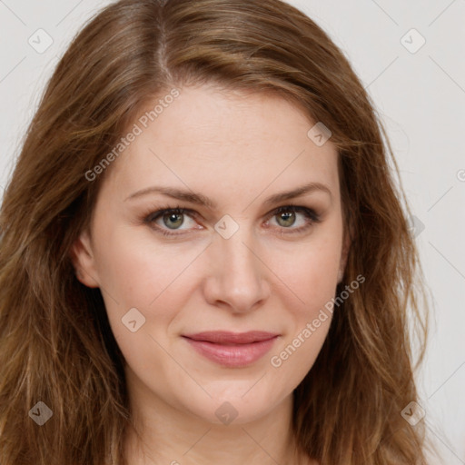 Joyful white young-adult female with long  brown hair and green eyes