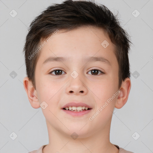 Joyful white child male with short  brown hair and brown eyes