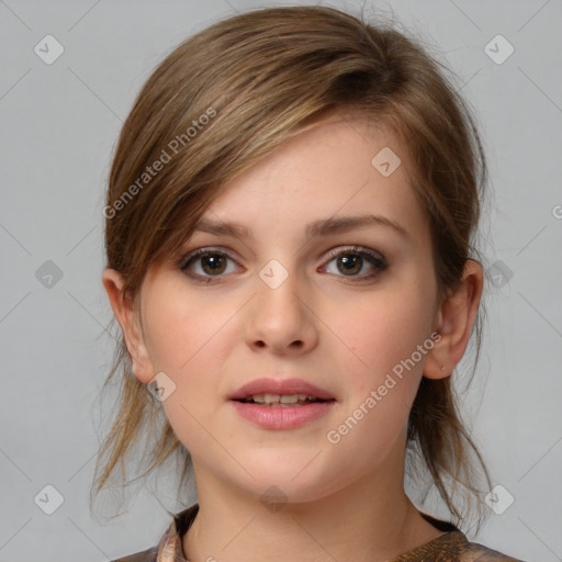 Neutral white young-adult female with medium  brown hair and brown eyes