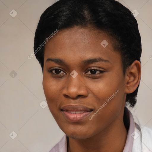 Joyful black young-adult female with medium  black hair and brown eyes