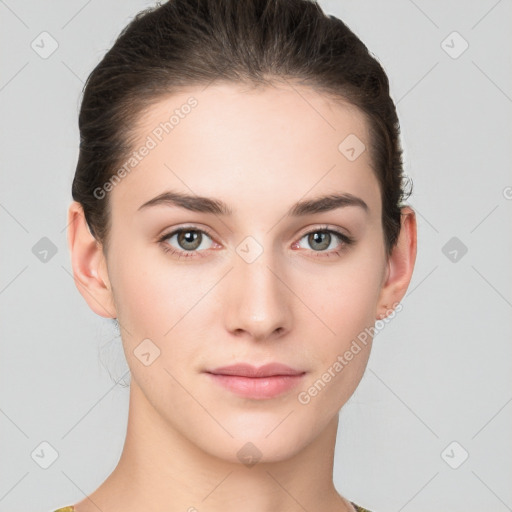 Neutral white young-adult female with medium  brown hair and brown eyes