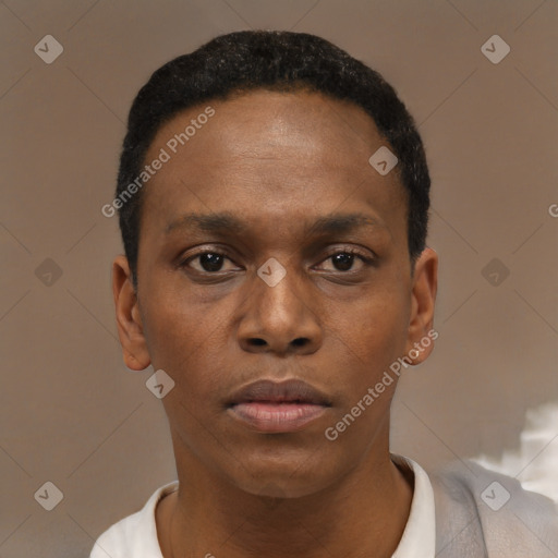 Neutral black young-adult male with short  black hair and brown eyes