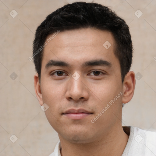 Neutral white young-adult male with short  black hair and brown eyes