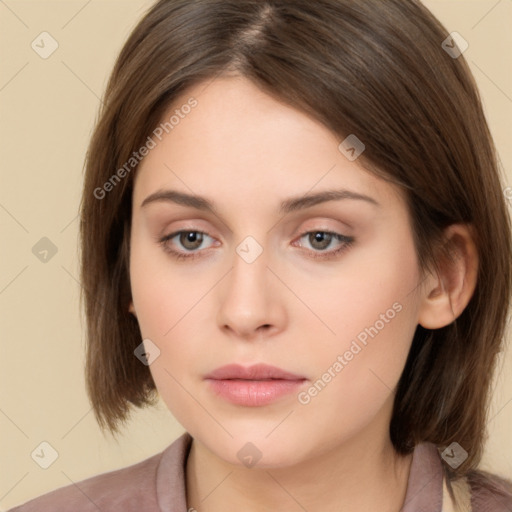 Neutral white young-adult female with medium  brown hair and brown eyes