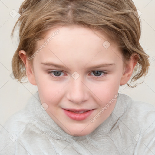 Joyful white child female with medium  brown hair and blue eyes