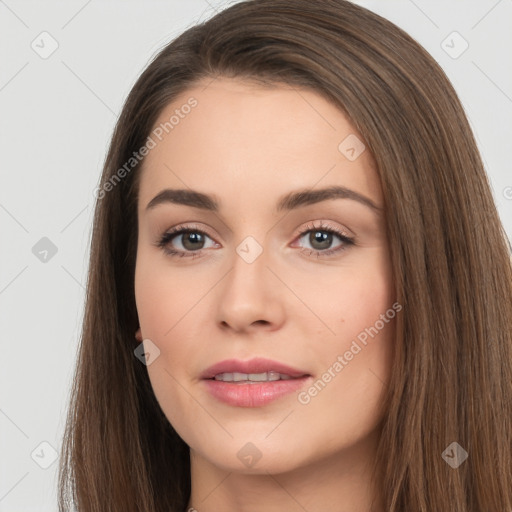 Neutral white young-adult female with long  brown hair and brown eyes