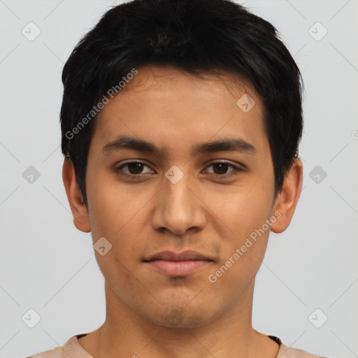 Neutral asian young-adult male with short  black hair and brown eyes