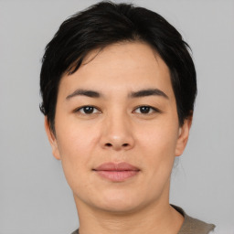 Neutral asian young-adult female with short  black hair and brown eyes