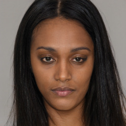 Neutral asian young-adult female with long  brown hair and brown eyes