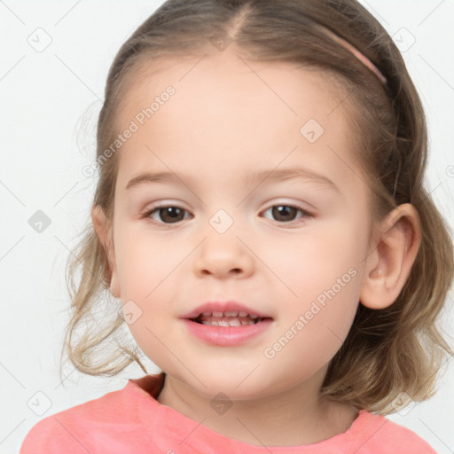 Joyful white child female with medium  brown hair and grey eyes