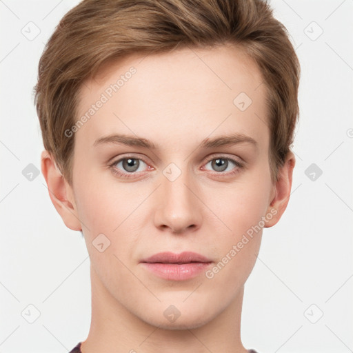 Joyful white young-adult female with short  brown hair and grey eyes