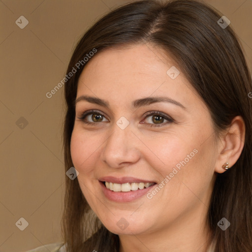 Joyful white young-adult female with long  brown hair and brown eyes