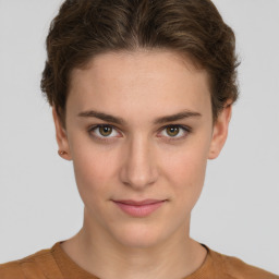 Neutral white young-adult female with short  brown hair and brown eyes