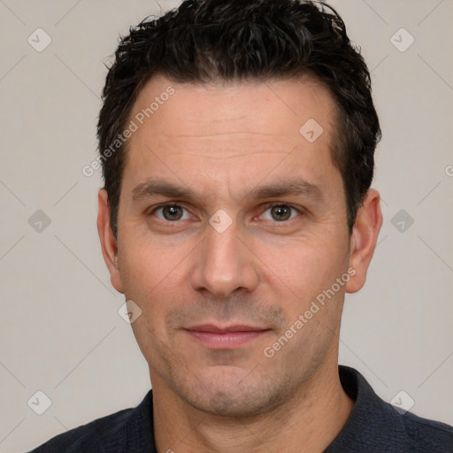 Neutral white adult male with short  black hair and brown eyes