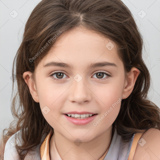 Joyful white child female with medium  brown hair and brown eyes