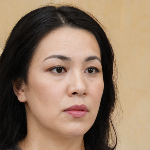 Neutral asian young-adult female with long  brown hair and brown eyes
