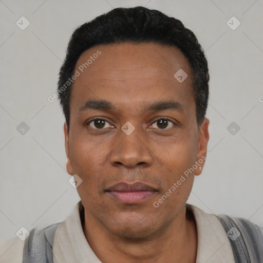 Neutral black adult male with short  black hair and brown eyes