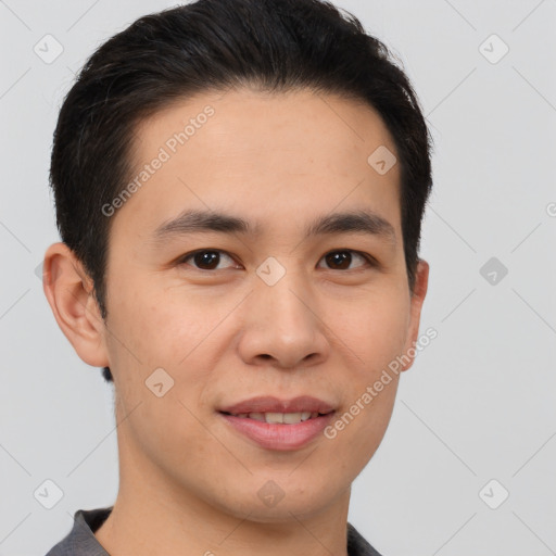 Joyful asian young-adult male with short  brown hair and brown eyes