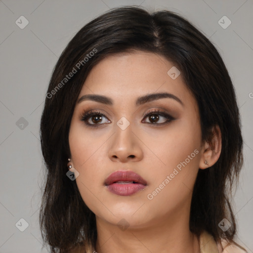 Neutral asian young-adult female with long  brown hair and brown eyes