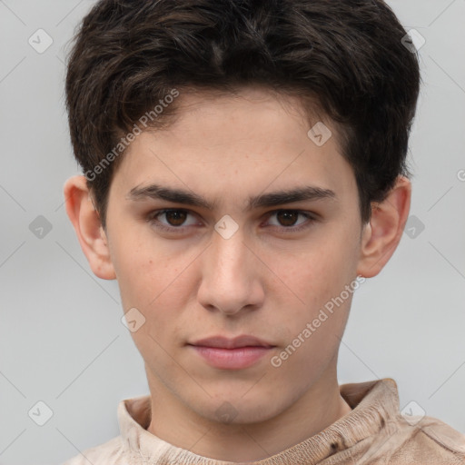 Neutral white young-adult male with short  brown hair and brown eyes