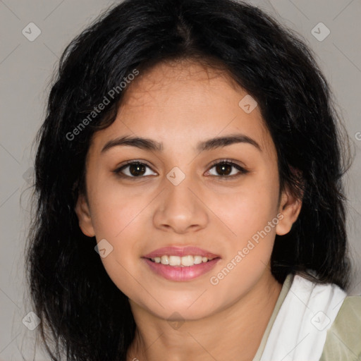 Joyful asian young-adult female with medium  black hair and brown eyes