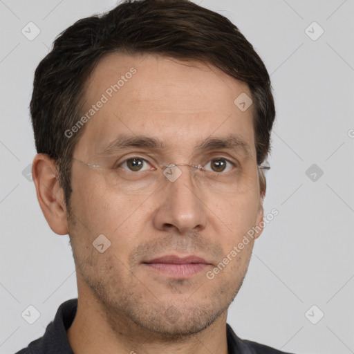 Neutral white adult male with short  brown hair and brown eyes