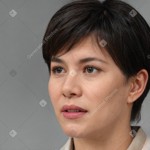 Joyful white young-adult female with medium  brown hair and brown eyes