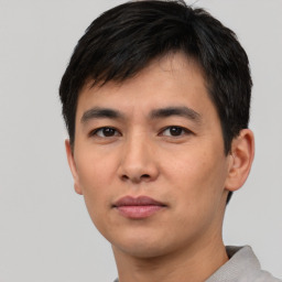 Neutral asian young-adult male with short  black hair and brown eyes