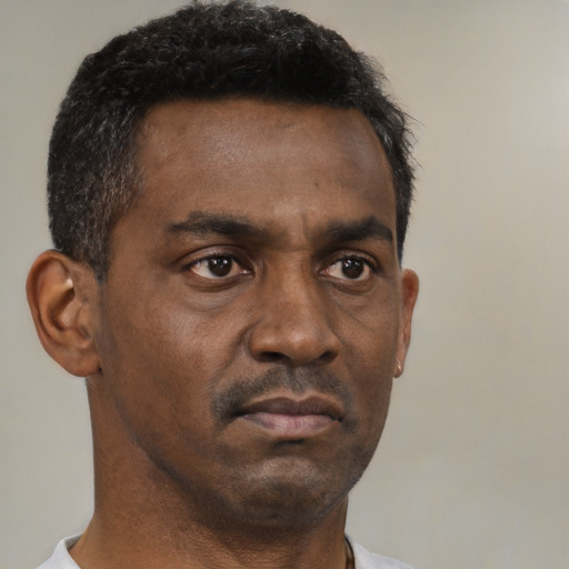Neutral black adult male with short  brown hair and brown eyes