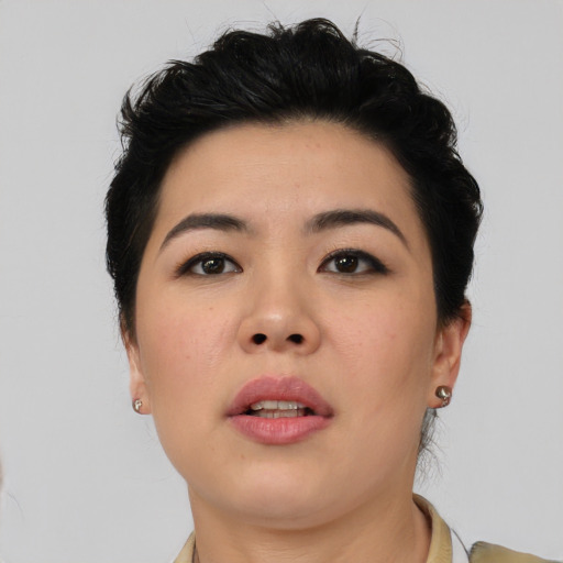 Neutral asian young-adult female with short  brown hair and brown eyes