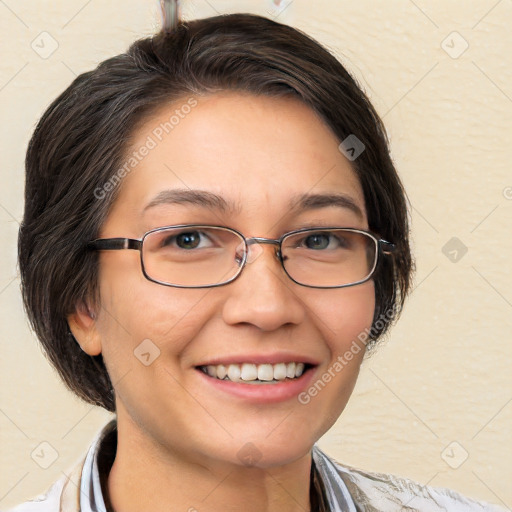 Joyful white adult female with medium  brown hair and brown eyes