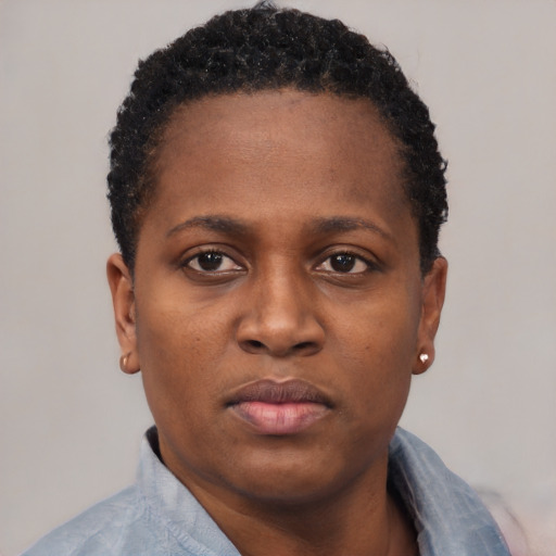 Neutral black young-adult female with short  black hair and brown eyes