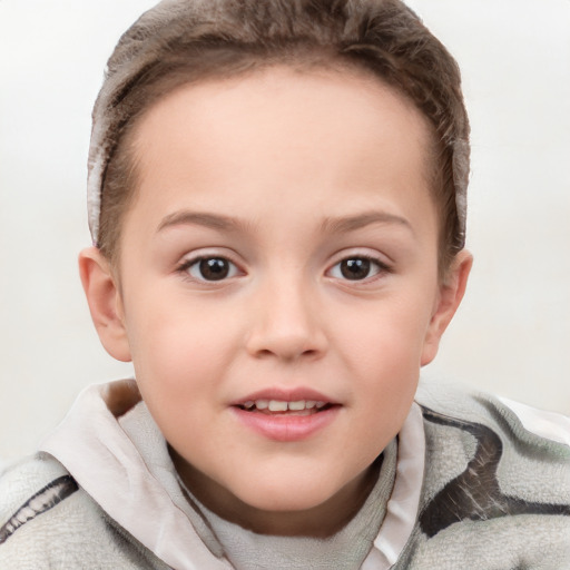 Joyful white child female with short  brown hair and grey eyes