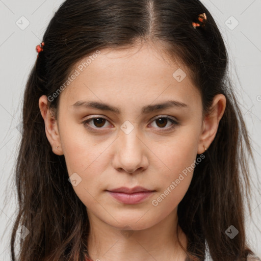 Neutral white young-adult female with long  brown hair and brown eyes