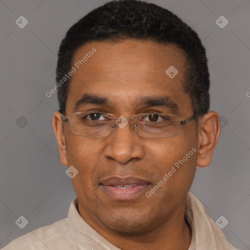 Joyful black adult male with short  black hair and brown eyes