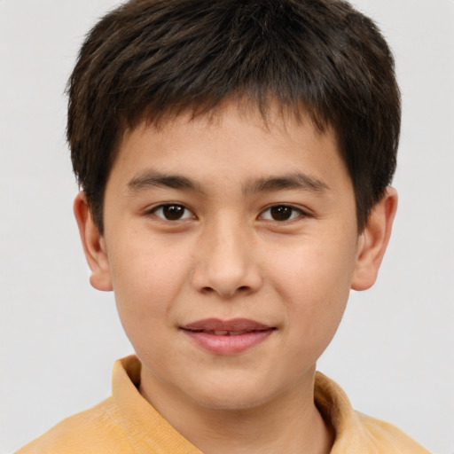 Joyful white child male with short  brown hair and brown eyes
