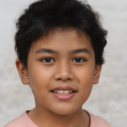 Joyful asian child male with short  brown hair and brown eyes