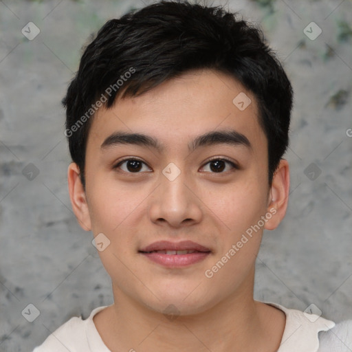Joyful asian young-adult male with short  black hair and brown eyes