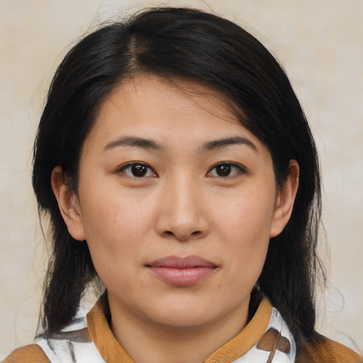 Neutral asian young-adult female with medium  brown hair and brown eyes