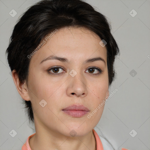 Neutral white young-adult female with medium  brown hair and brown eyes