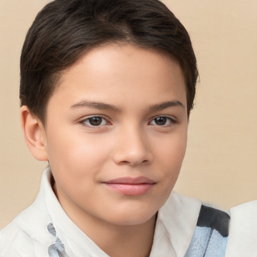 Joyful white child female with short  brown hair and brown eyes