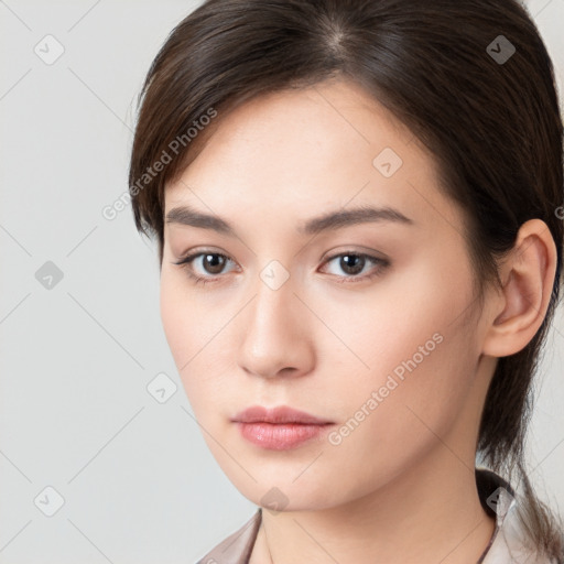 Neutral white young-adult female with medium  brown hair and brown eyes