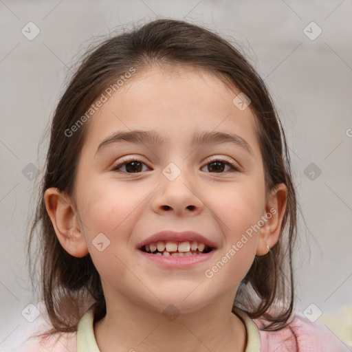 Joyful white child female with medium  brown hair and brown eyes