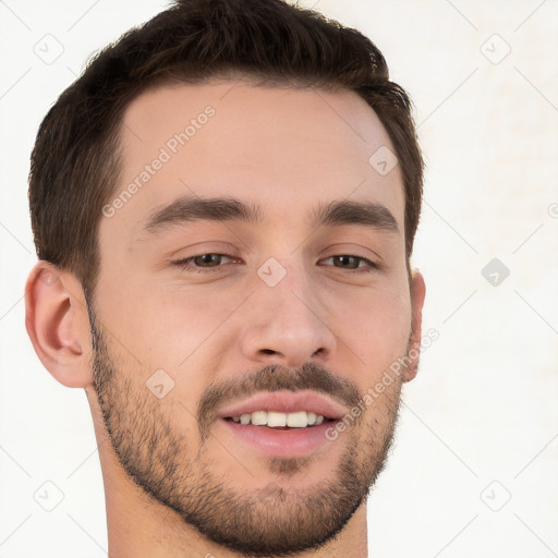 Joyful white young-adult male with short  brown hair and brown eyes