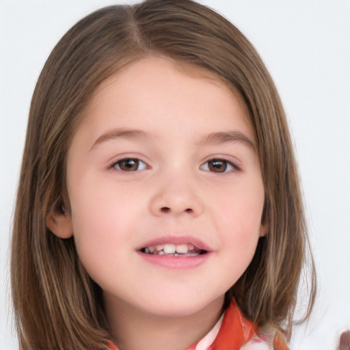 Joyful white child female with medium  brown hair and brown eyes