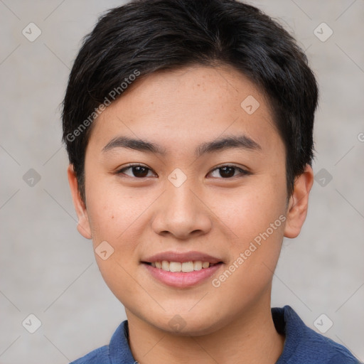 Joyful asian young-adult female with short  brown hair and brown eyes