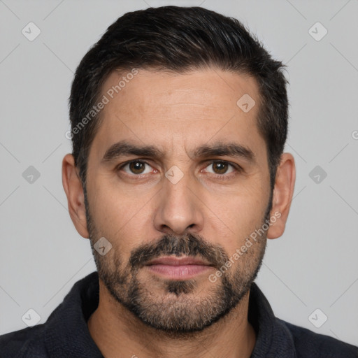 Neutral white adult male with short  black hair and brown eyes