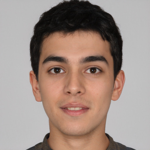 Neutral white young-adult male with short  black hair and brown eyes